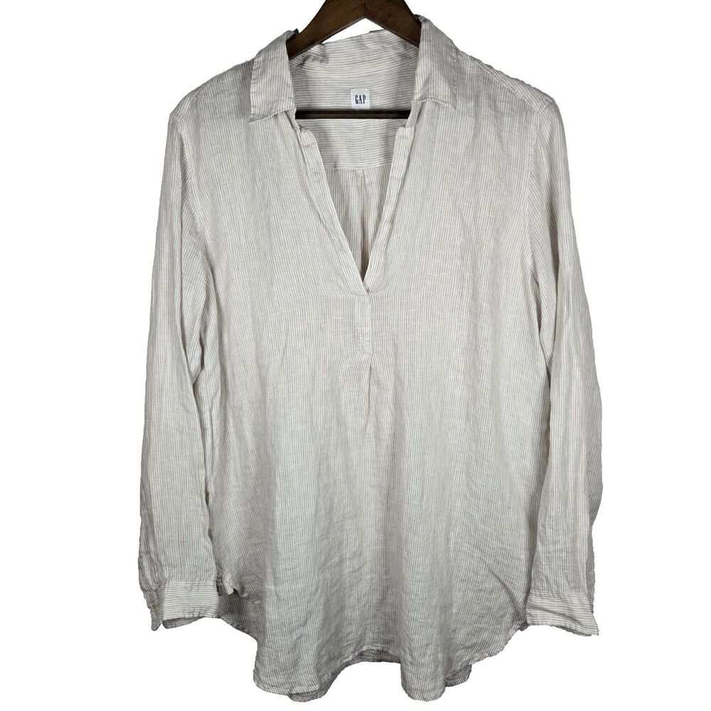 Gap Tan Linen Striped Pullover Long Sleeve V Neck Tunic Large